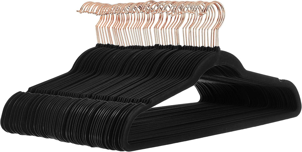 Slim Velvet Non-Slip Space Saving Suit Clothes Hangers for Closet Organization, Black/Rose Gold, 50-Pack