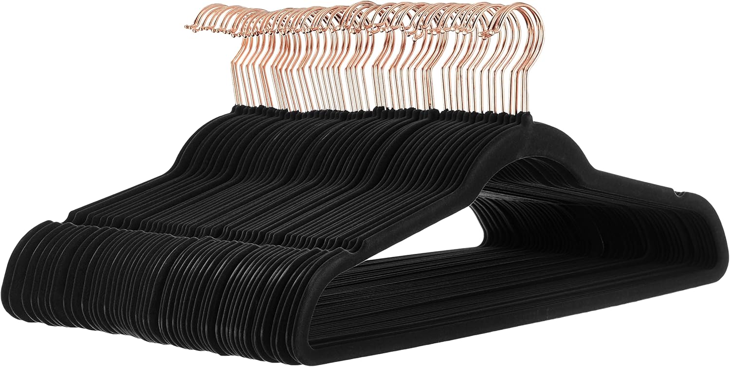 Slim Velvet Non-Slip Space Saving Suit Clothes Hangers for Closet Organization, Black/Rose Gold, 50-Pack