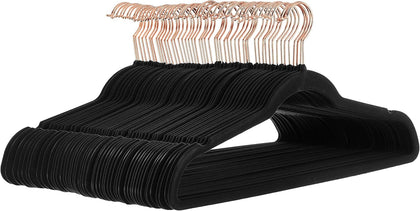 Slim Velvet Non-Slip Space Saving Suit Clothes Hangers for Closet Organization, Black/Rose Gold, 50-Pack