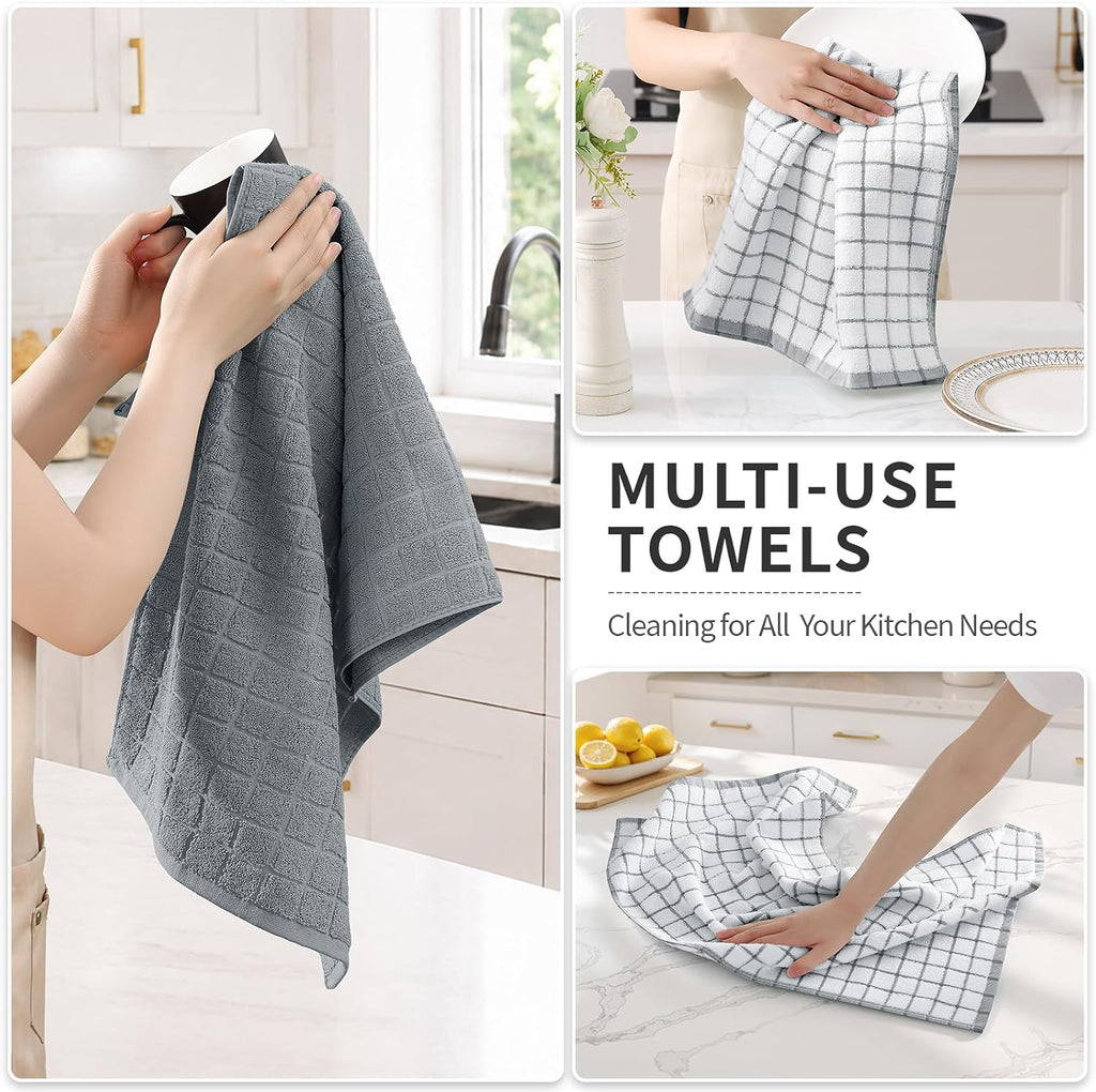 Premium Kitchen Towels (16"x 28", 6 Pack), Large 100% Cotton Terry 390 GSM Kitchen Hand Towels, Ultra Absorbent Check