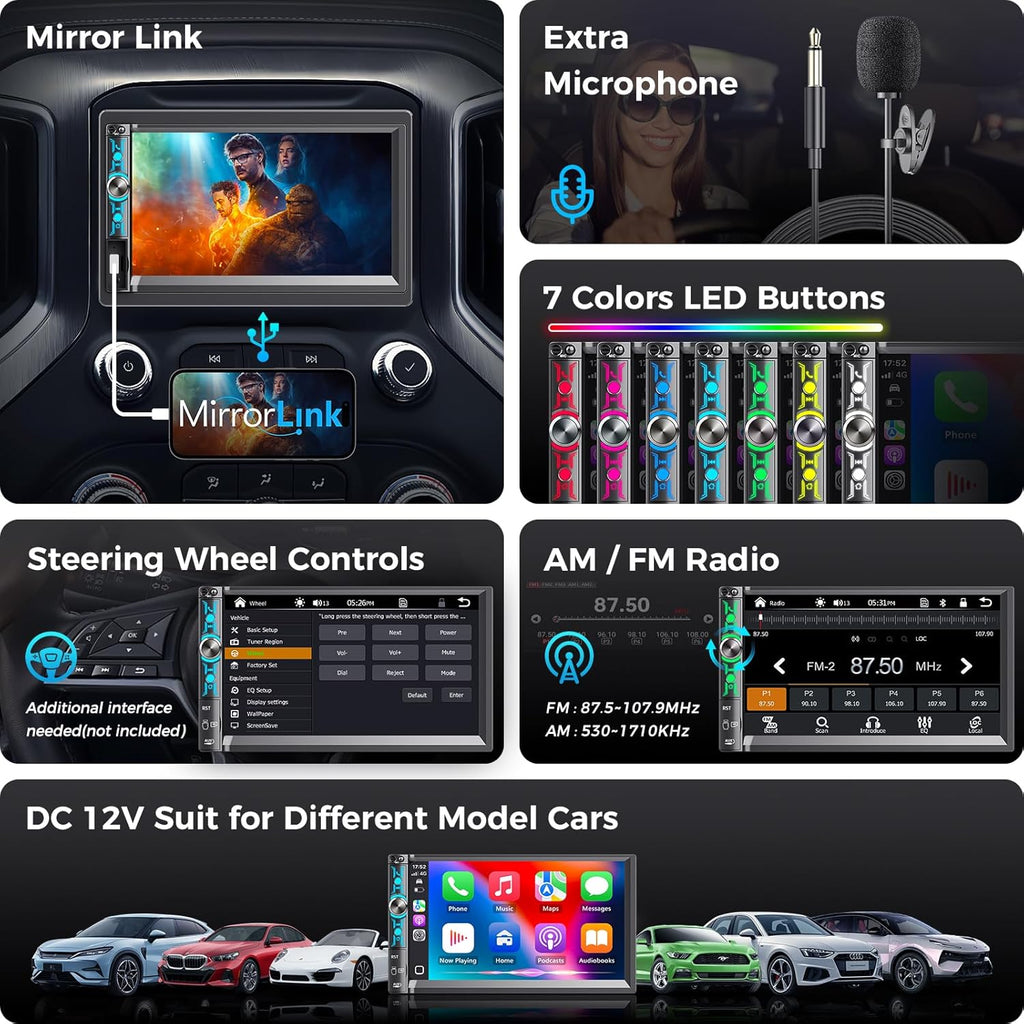 7" Double Din Car Stereo with Wireless Apple Carplay & Android Auto, Bluetooth, 240W, SWC, Subwoofer Out, Mirror