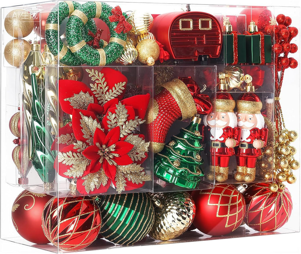 135pcs Christmas Balls Ornaments Set, Shatterproof Plastic Baubles, Ribbon and Tree Topper for Xmas Tree Holiday