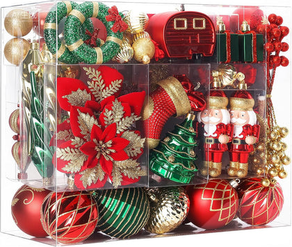 135pcs Christmas Balls Ornaments Set, Shatterproof Plastic Baubles, Ribbon and Tree Topper for Xmas Tree Holiday