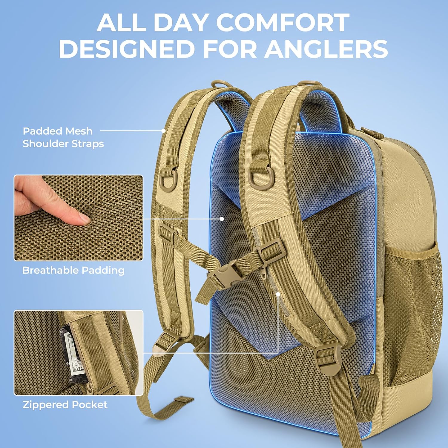 KarryAll Fishing Backpack with Rod Holder 4 Tackle Boxes, 40/26L | Tackle Bag Storage Fishing Gear and Equipment