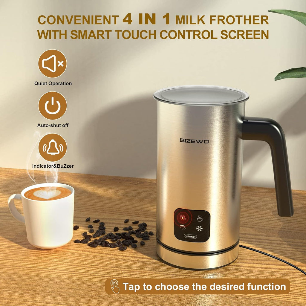 Milk Frother Electric, 4 IN 1 Warm and Cold Milk Steamer for Coffee Latte | Automatic Cold and Hot Foam, Stainless