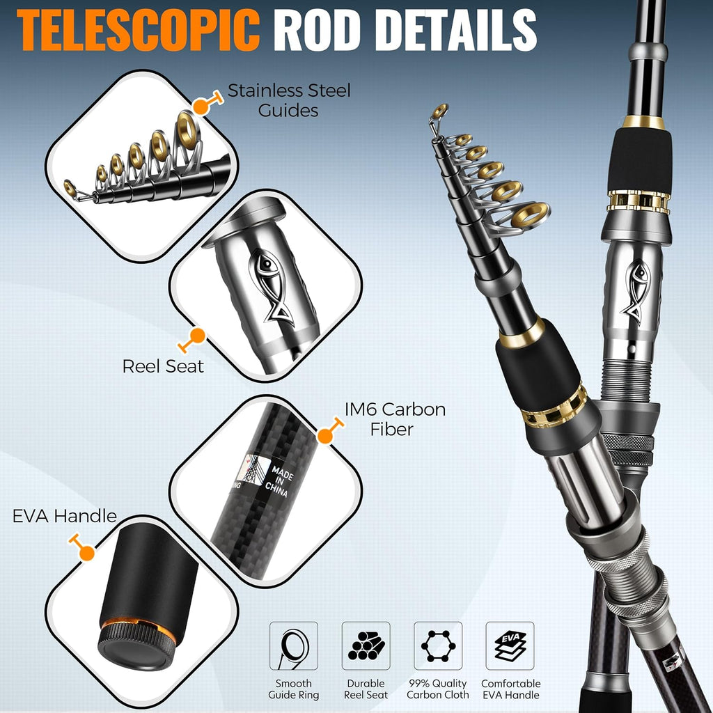 Fishing Rod and Reel Combo Pole Gear Kit Telescopic Beginner | Portable All-in-One Fishing Equipment, with Freshwater