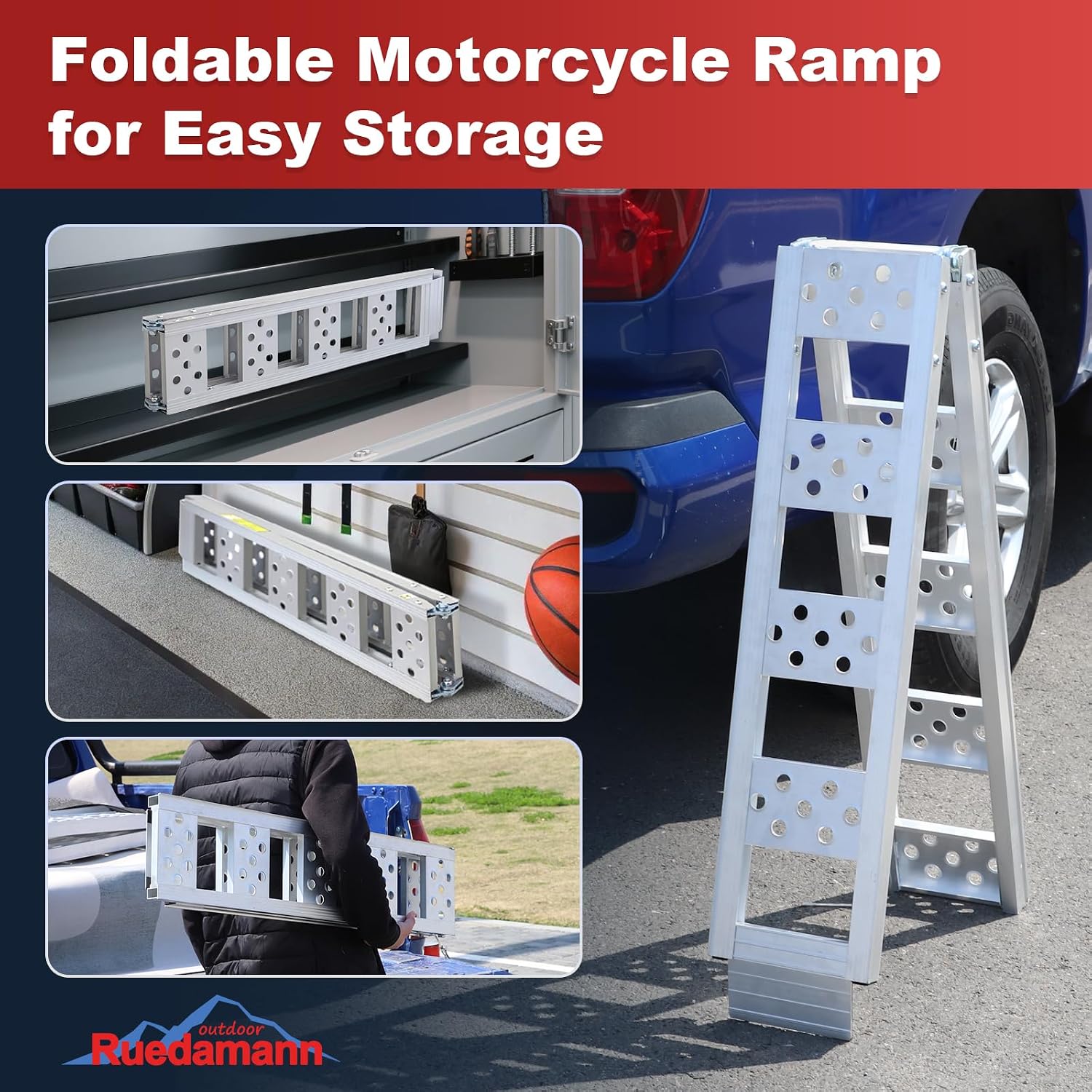 1PC 6FT Folding Aluminum Motorcycle Ramp, 440 lbs Capacity | 8" Wide Portable Dirt Bike Ramp for Truck Bed Loading