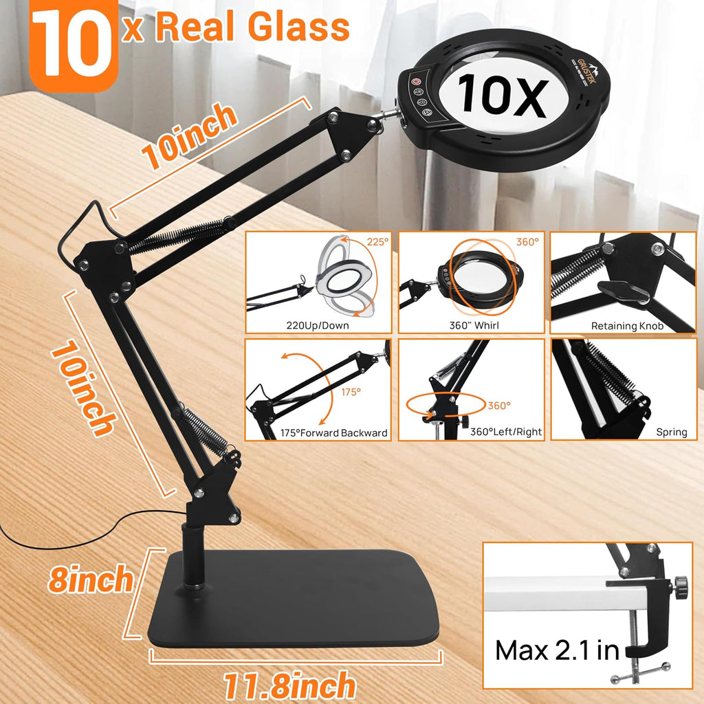 10X Magnifying Glass with Light, Stand and Clamp | 84 LED Magnifier Lamp with 5 Color Modes and Stepless Dimming for