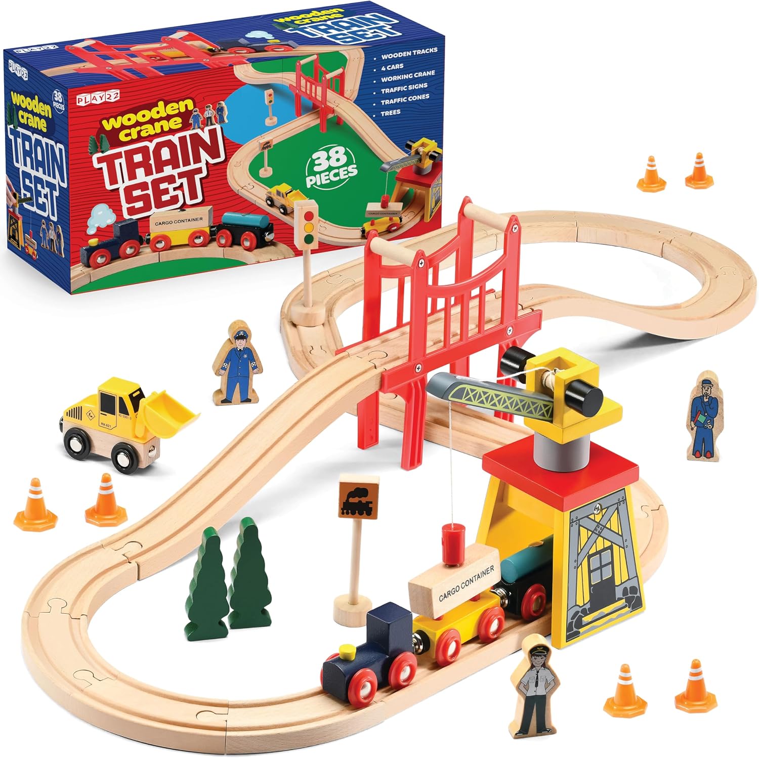 Wooden Train Set Toddler Toys - 38 Pieces Wood Train Track Set for Toddlers 3-4 Years with Crane, Bridge & Accessories