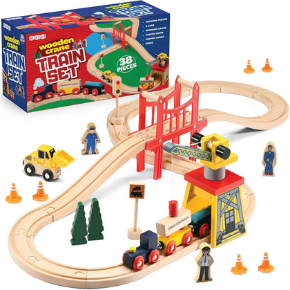 Wooden Train Set Toddler Toys - 38 Pieces Wood Train Track Set for Toddlers 3-4 Years with Crane, Bridge & Accessories