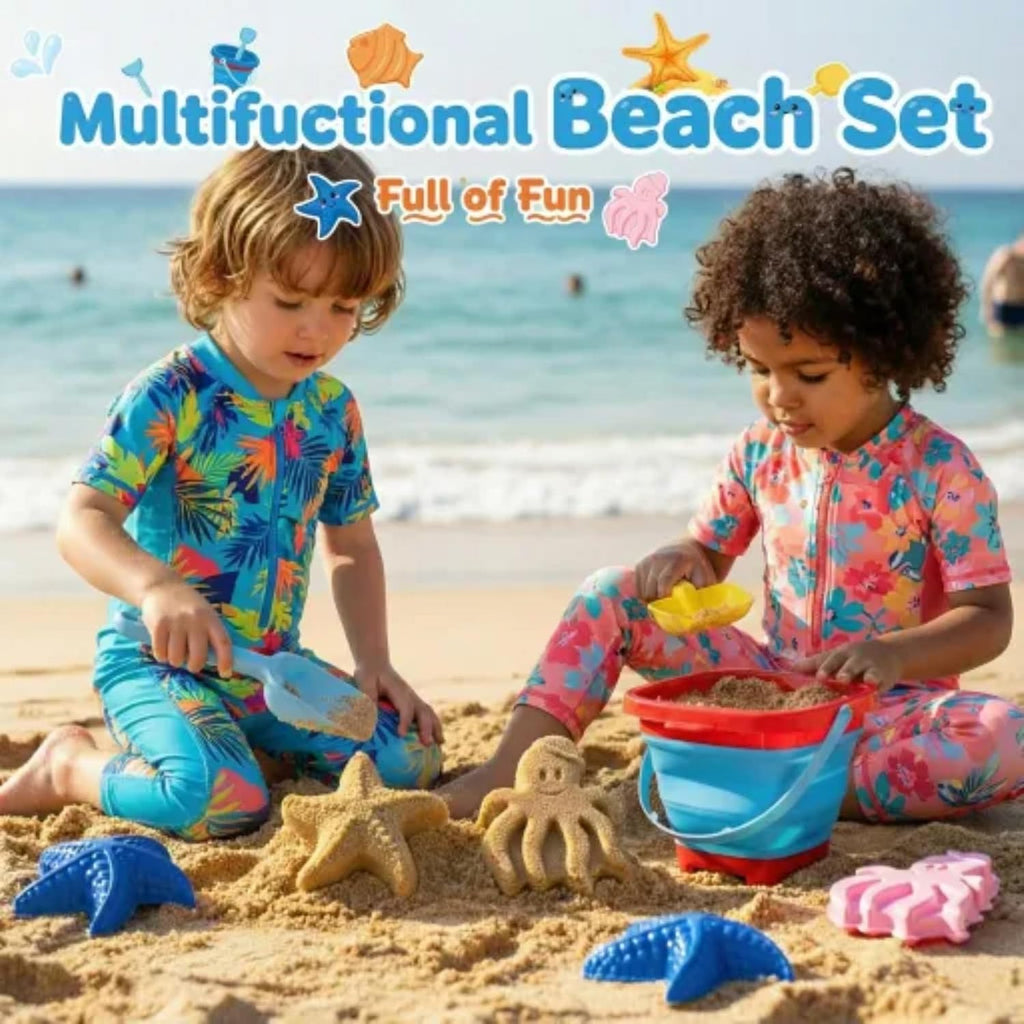 Beach Sand Toys Set for Toddlers, Portable Travel Beach Toys with Collapsible Bucket, Shovel, Rake, 3 Molds & Mesh