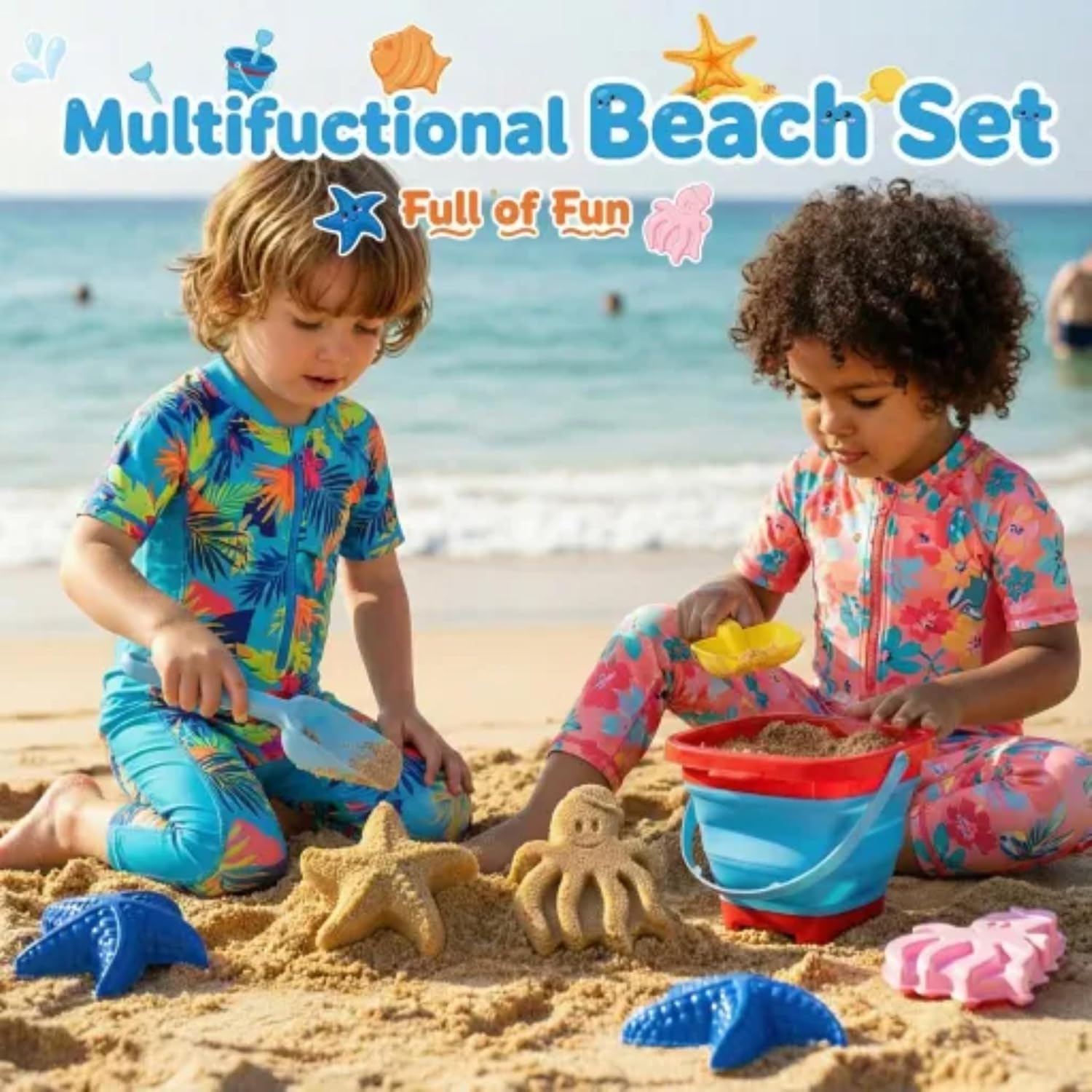 Beach Sand Toys Set for Toddlers, Portable Travel Beach Toys with Collapsible Bucket, Shovel, Rake, 3 Molds & Mesh