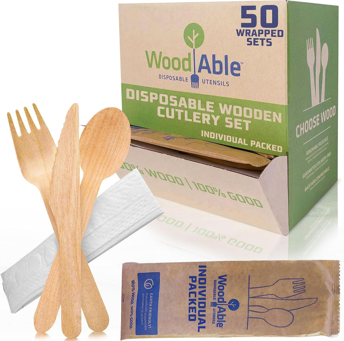 Disposable & Backyard Compostable Wrapped Wooden Cutlery Set, Eco-Friendly, Sustainable, Organic, Biodegradable