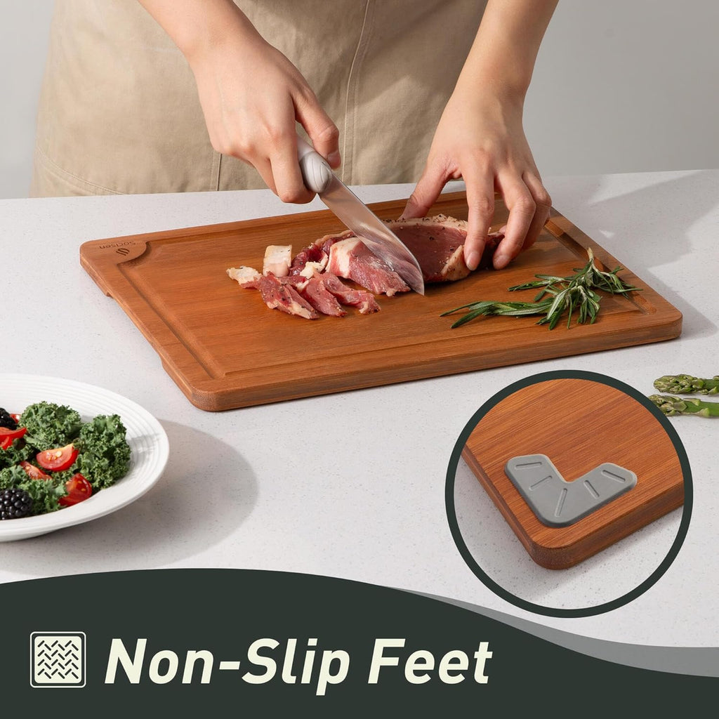 3 Packs Bamboo Cutting Board Set with Non Slip Feet Holder and Over Sink Nice Solid Thick Wood Juice Groove Chopping
