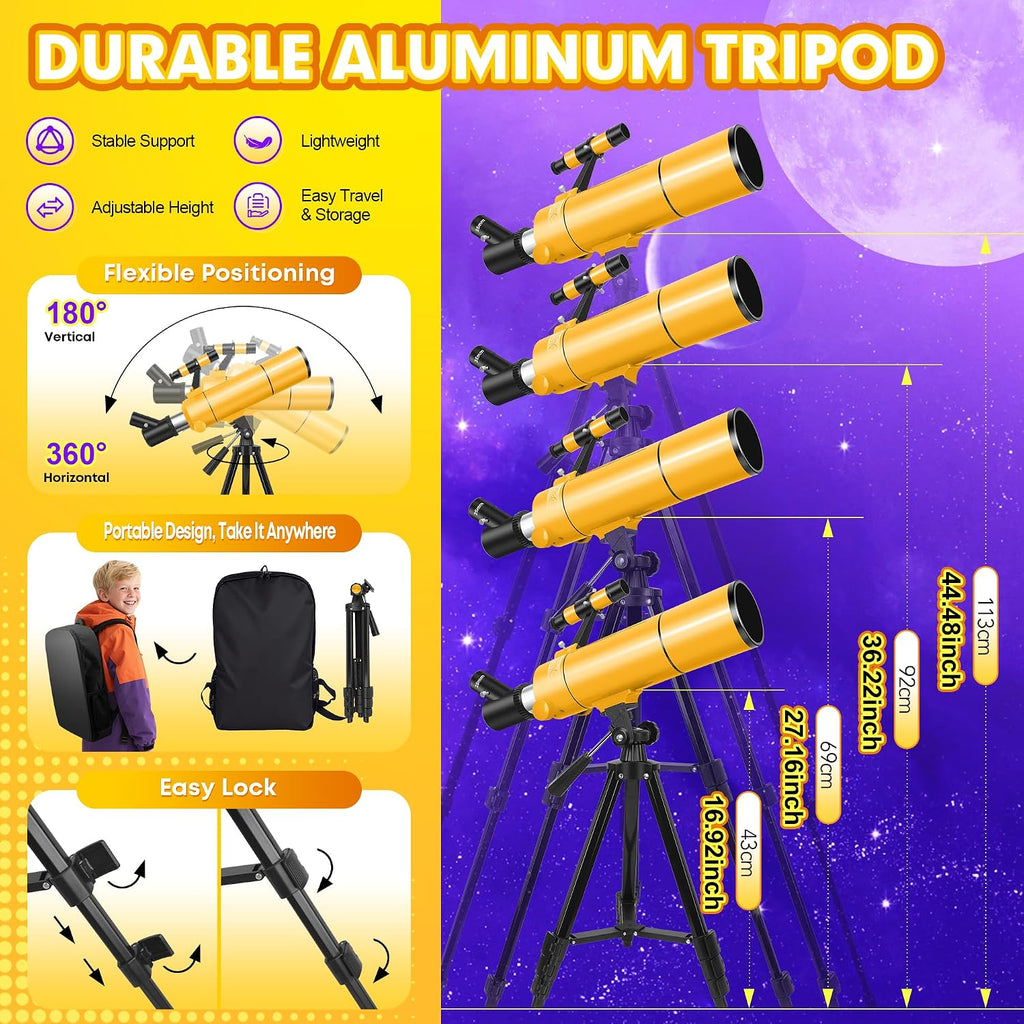 Telescope for Adults & Kids, 80mm Aperture 500mm Refractor | Portable Travel Telescopes
