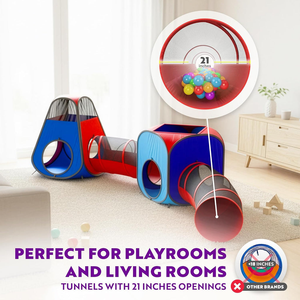 4pc Pop Up Play Tent and Tunnel Bundle for Toddlers and Kids - Indoor & Outdoor Playhouse with Storage Bag, Red & Blue