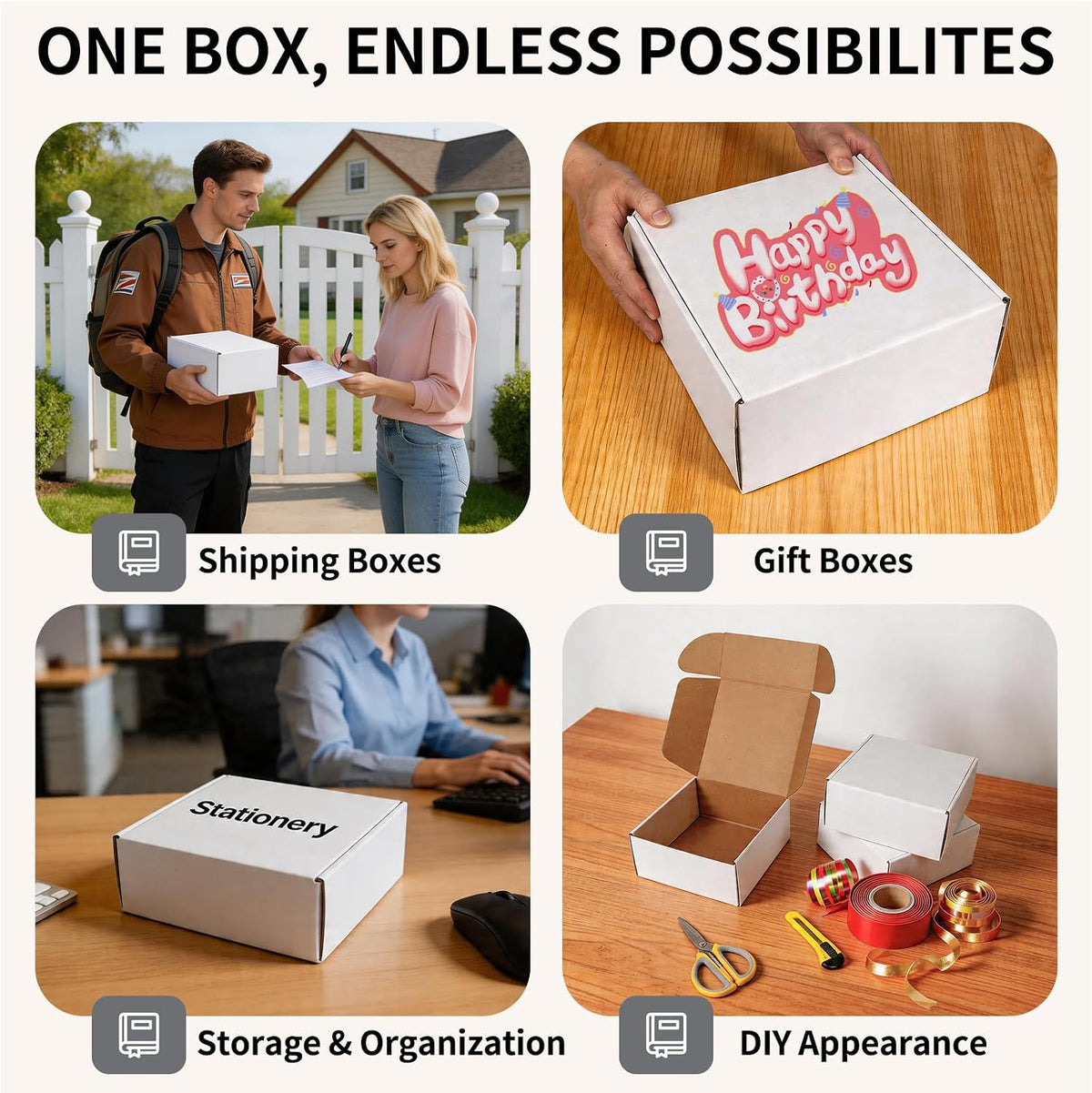 9" x 9" x 4" White Corrugated Cardboard Shipping Boxes Set of 25