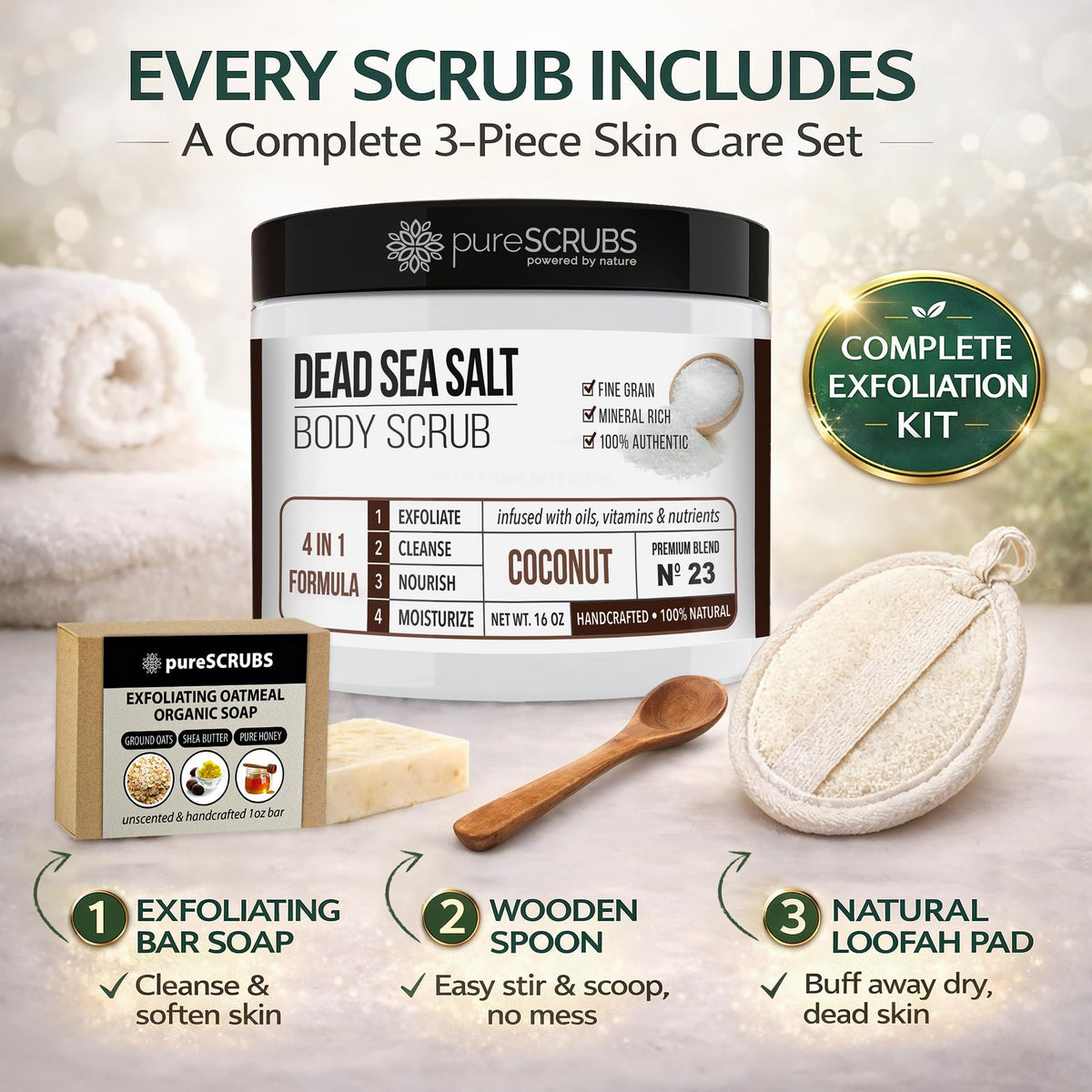 Premium Coconut Body Scrub Set, Exfoliating Dead Sea Salt Scrub