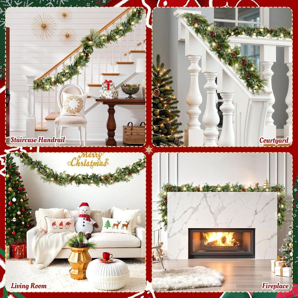 6ft Christmas Garland, Norfolk Pine Lighted Garland with Berries & Pinecones, Real Touch Greenery Wreath for