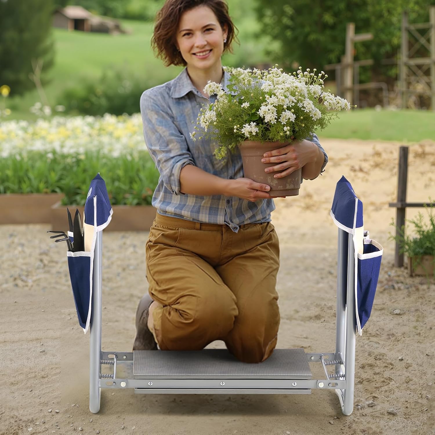 Garden Kneeler and Seat Heavy Duty, Portable Garden Stool with 11'' EVA Kneeling Pad and 2 Tool Bags, Folding Garden