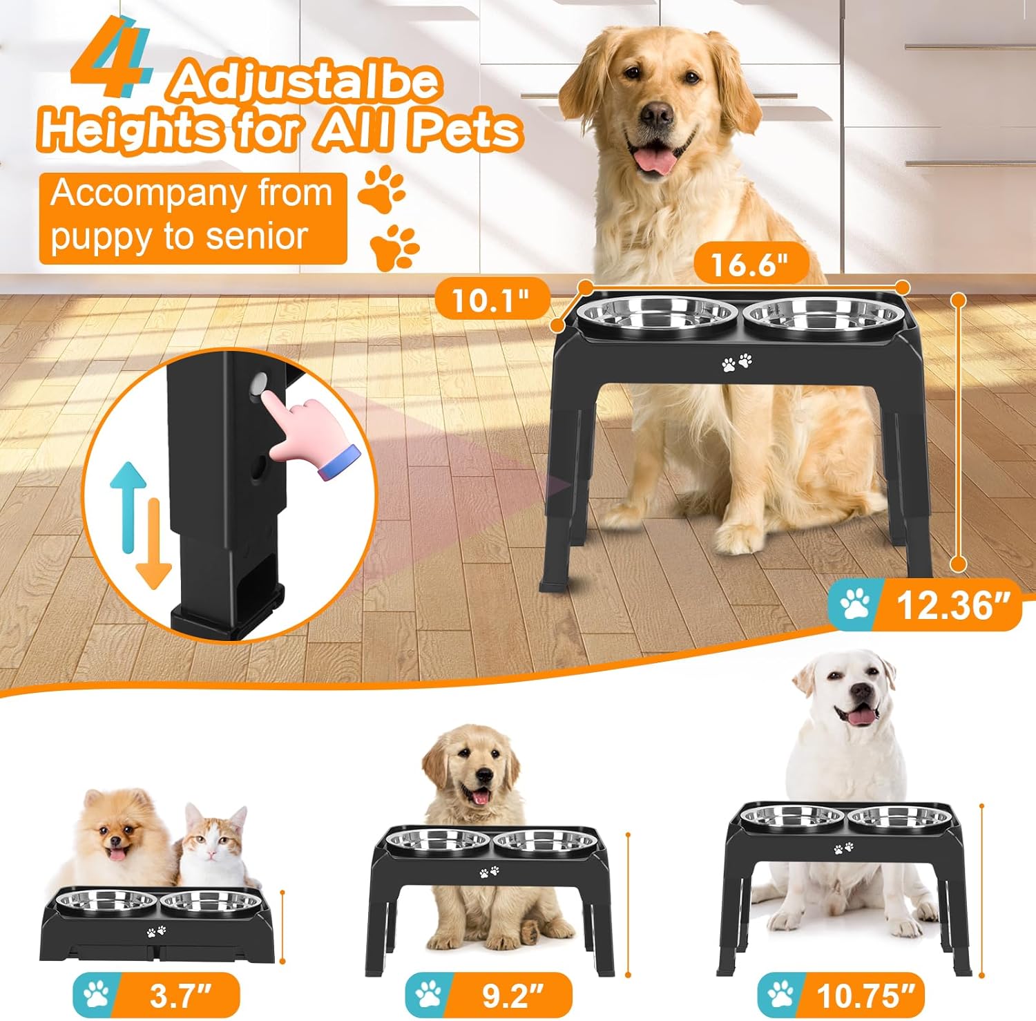 Elevated Dog Bowls, 4 Height Adjustable Raised Bowl Stand with 2 Thick 50oz Stainless Steel Food Bowls Non-Slip