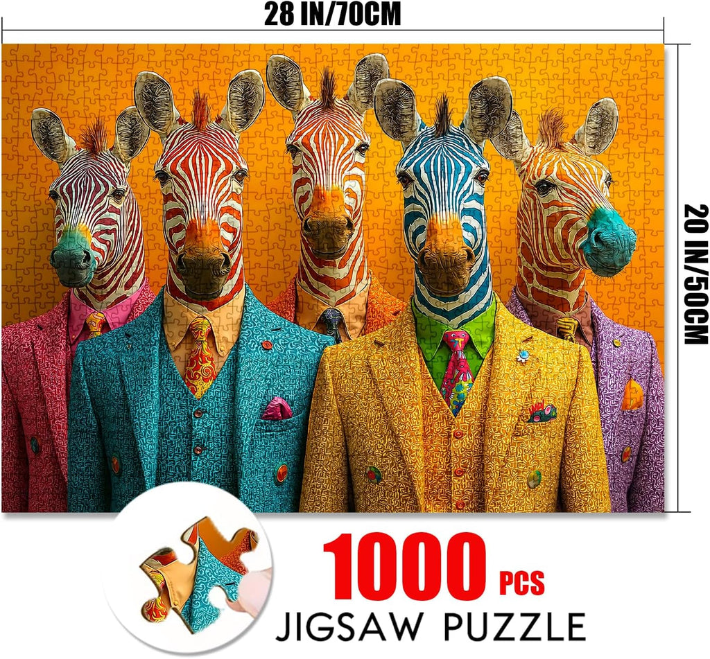 1000 Piece Jigsaw Puzzles for Adults, Funny Colorful Zebras in Suits, Quirky Animal Pop Art Puzzle, Vibrant Family