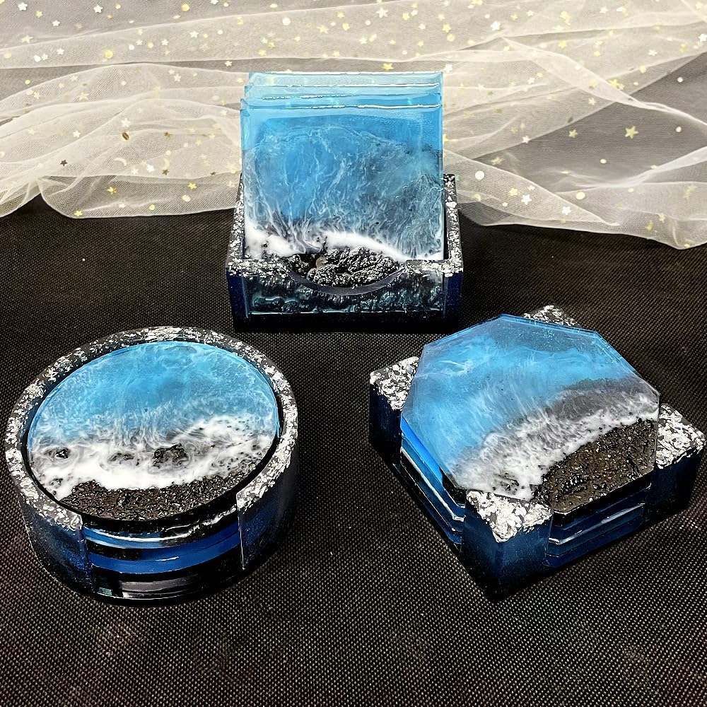 Set of 3 Thick Square Octagon Round Coaster Molds with Matching Holder Mold, Shiny Coaster Silicone Molds for Resin