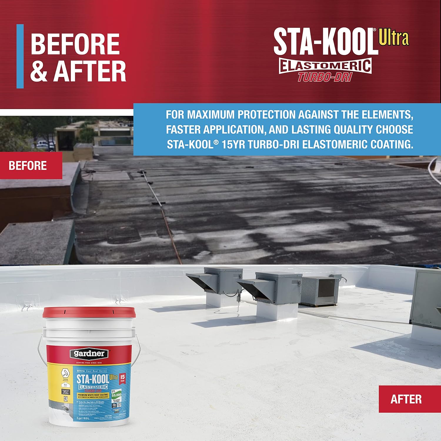 Gibson Sta-Kool 15-Year Turbo-Dri Elastomeric Roof Coating, White, 5 Gal., Flexible White Acrylic Roof Coating