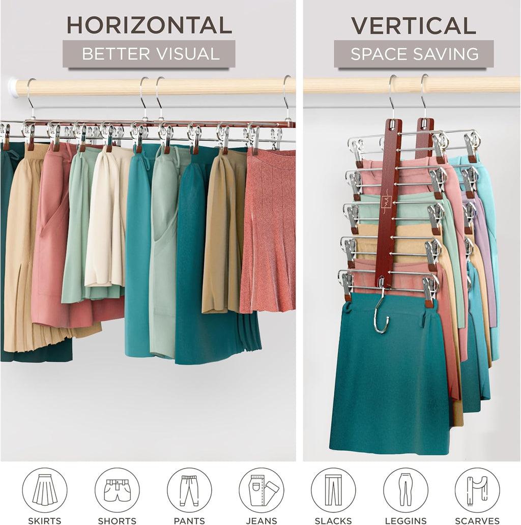 Skirt Hangers Space Saving with Clips - 2 Pack - European Beechwood 5-Tier Hanger for Shorts, Skirts, and Pants