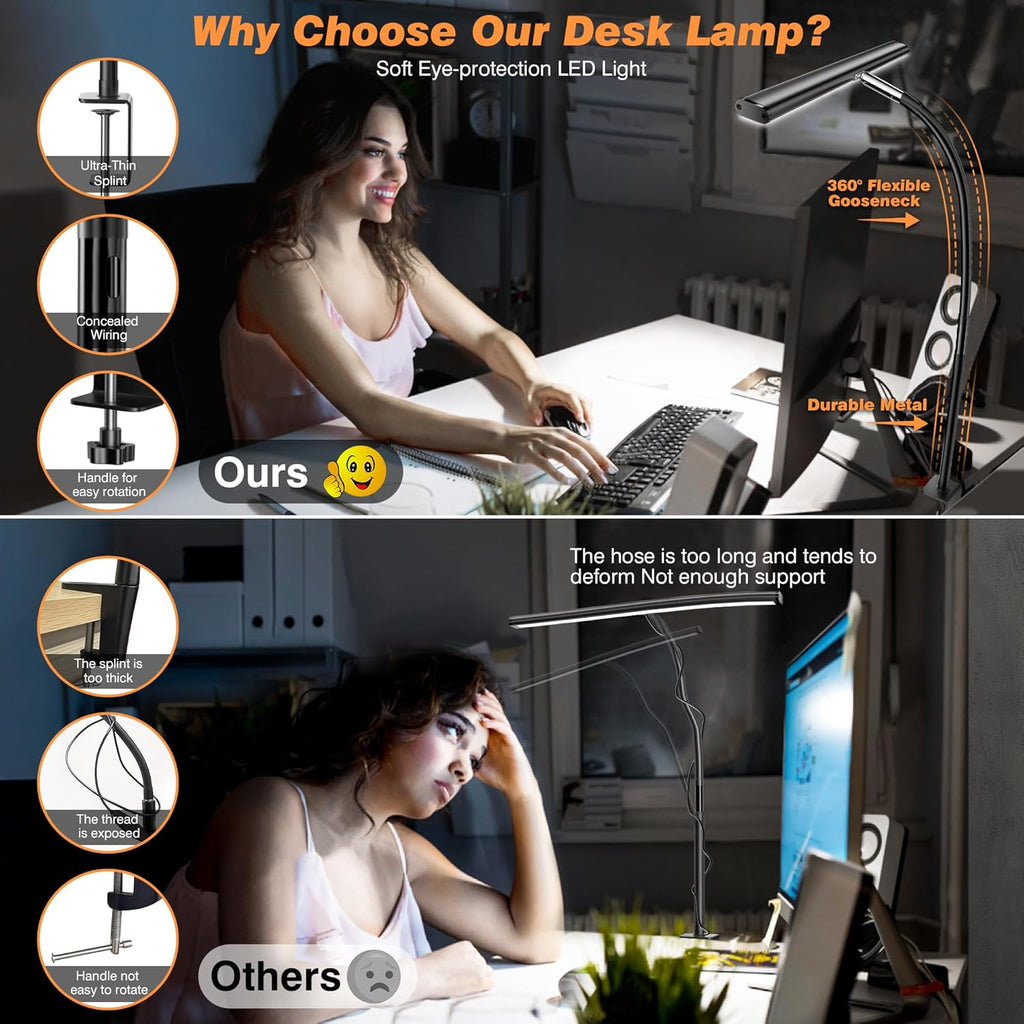 LED Desk Lamp with Clamp, 17" Stepless Dimming Light, Black | 2700K-6500K, 100 LEDs, 360° Gooseneck, Fits Up to 30"