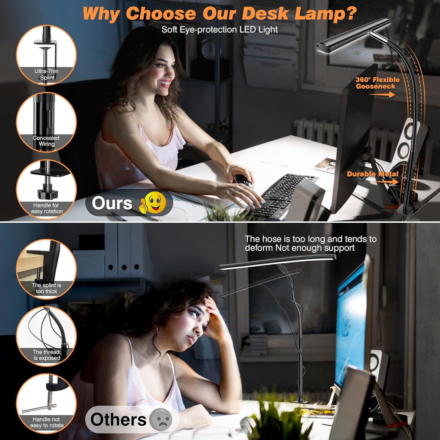 LED Desk Lamp with Clamp, 17" Stepless Dimming Light, Black | 2700K-6500K, 100 LEDs, 360° Gooseneck, Fits Up to 30"