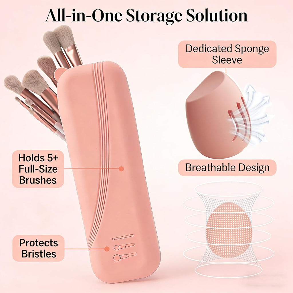 Large Silicone Makeup Brush Bag and Sponge Holder Set, Portable Snap Closure Cosmetic Bag, Soft Reusable Cosmetic