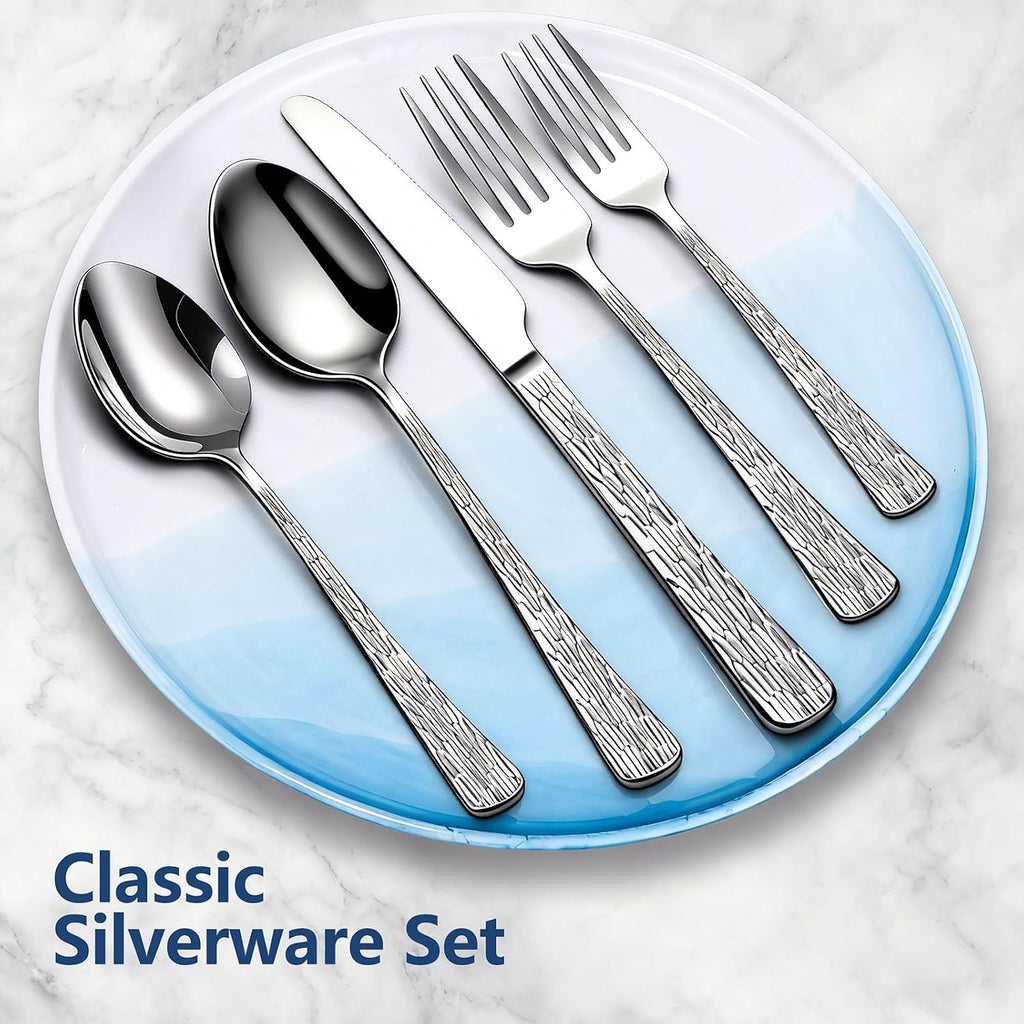 60Piece Hammered Silverware Set,Stainless Steel Flatware Set for 12