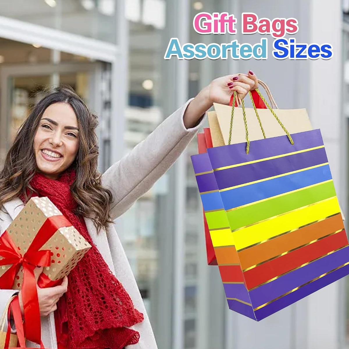 Gift Bags Assorted Sizes and Designs with Handle and Tissue Paper Birthday Gift Bags Rainbow for Birthday Bag Party