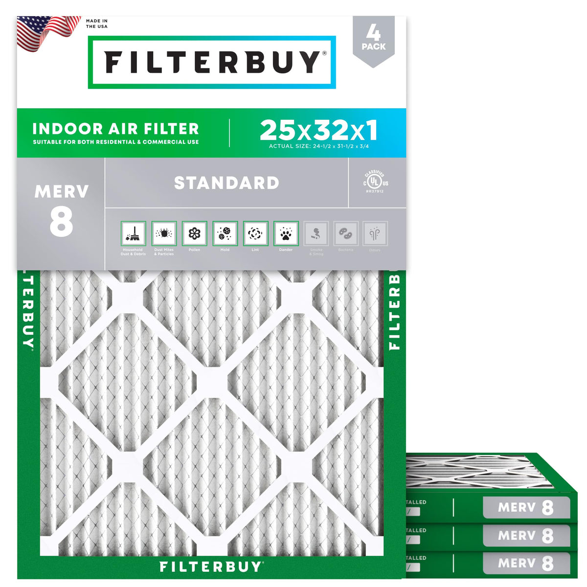 25x32x1 Air Filter MERV 8 Dust & Allergy Defense (4-Pack)