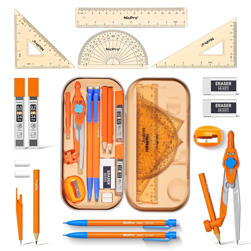 17 PCS Compass Geometry Set with Rulers, Protractors, Drafting Tool | Math for Students with Rulers, Mechanical