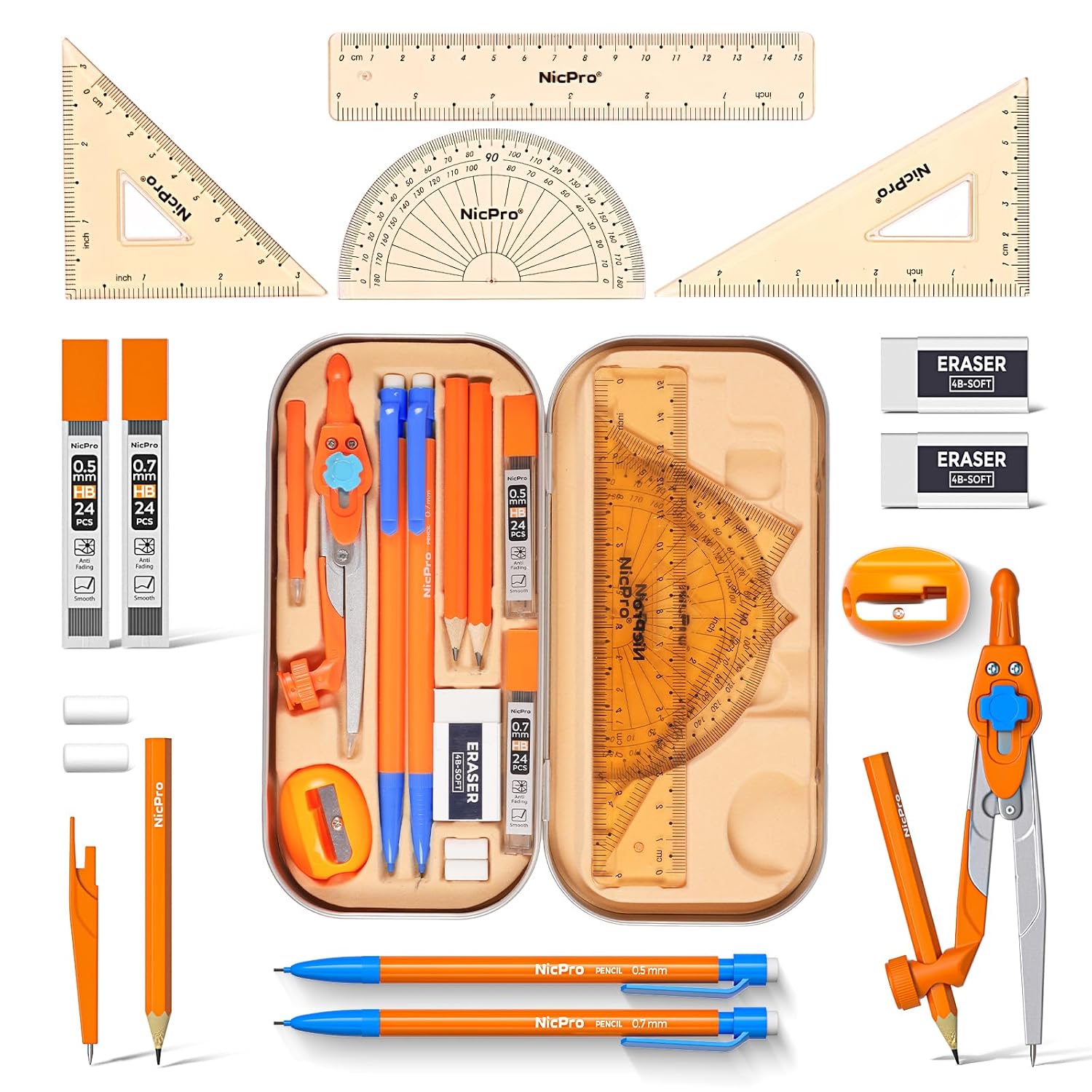 17 PCS Compass Geometry Set with Rulers, Protractors, Drafting Tool | Math for Students with Rulers, Mechanical
