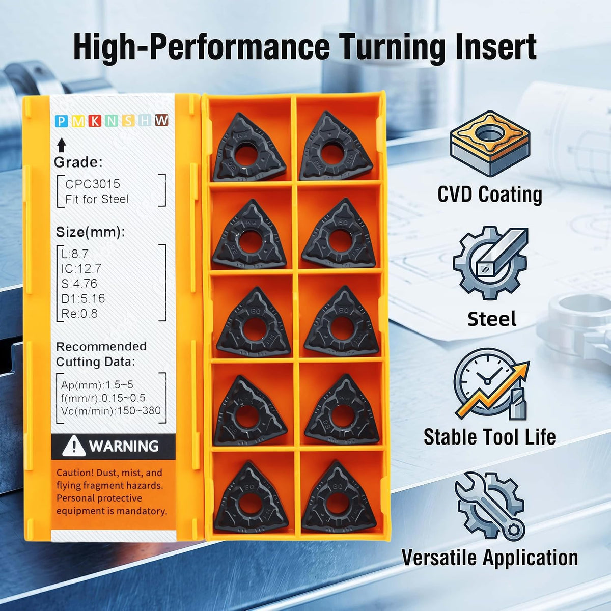 C&CINDOST WNMG080408‑PM Indexable Carbide Turning Inserts Grade CPC3015, CNC Lathe Cutting Tool Inserts with‑PM Chip Breaker for Steel Semi‑Finishing Machining