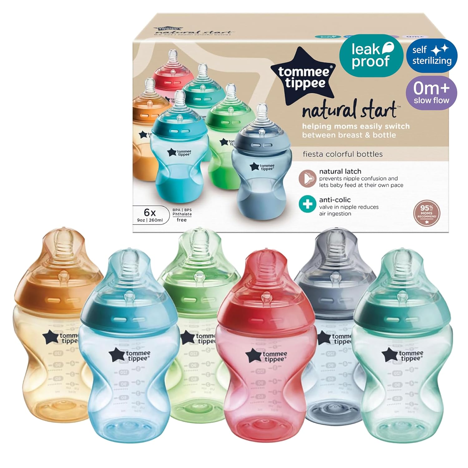Natural Start Anti-Colic 9 oz BPA Free Baby Bottles, 0+ Months, Slow Flow Breast-Like Nipple, Self Sterilizing