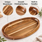 Acacia Wood Serving Tray with Handles - 17"x13" Round, Decorative Ottoman Tray for Living Room, Coffee Table