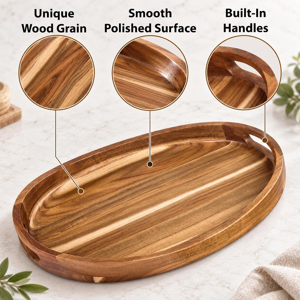 Acacia Wood Serving Tray with Handles - 17"x13" Round, Decorative Ottoman Tray for Living Room, Coffee Table
