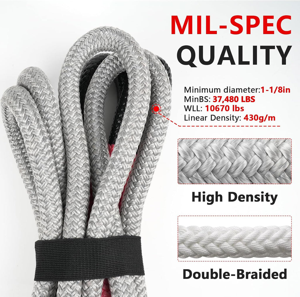 1-1/8" x 30' Kinetic Recovery Tow Rope (37,480lbs), with 2 UHMWPE Soft Shackles (40,980lbs), Heavy-Duty Offroad