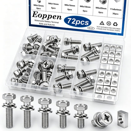 72Pcs Motorcycle Battery Terminal Bolts and Nuts Kit 304 Stainless Steel 5 Sizes M6x10/12/16/18/20mm Motorcycle