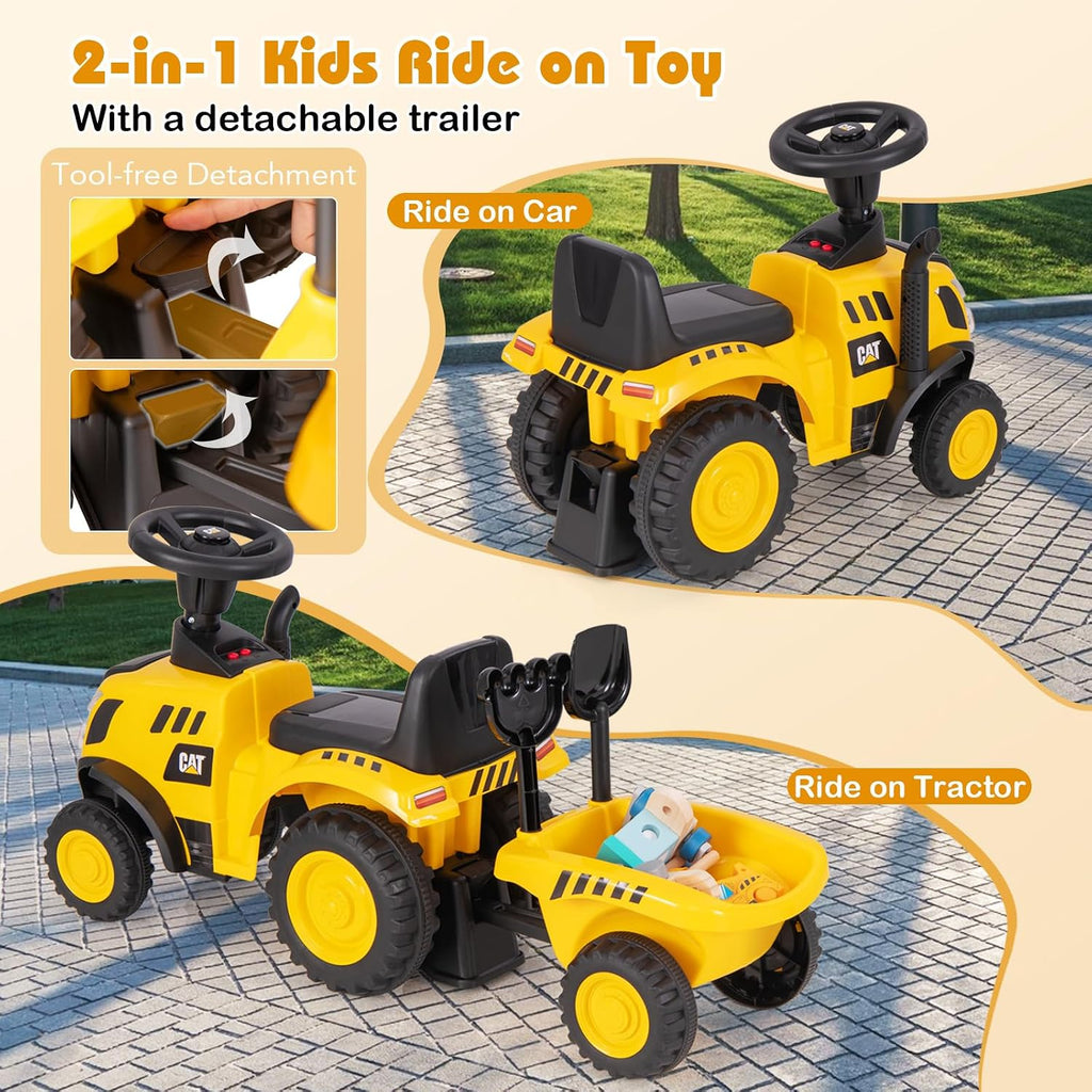 Ride on Tractor, 2-in-1 Licensed Caterpillar Ride On Push Car for Toddlers, Detachable Trailer, Horn, Engine Sound