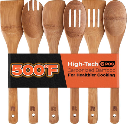 Dark Bamboo Wooden Spoons for Cooking 6-Piece, Apartment Essentials Wood Spatula Spoon Nonstick Kitchen Utensil Set
