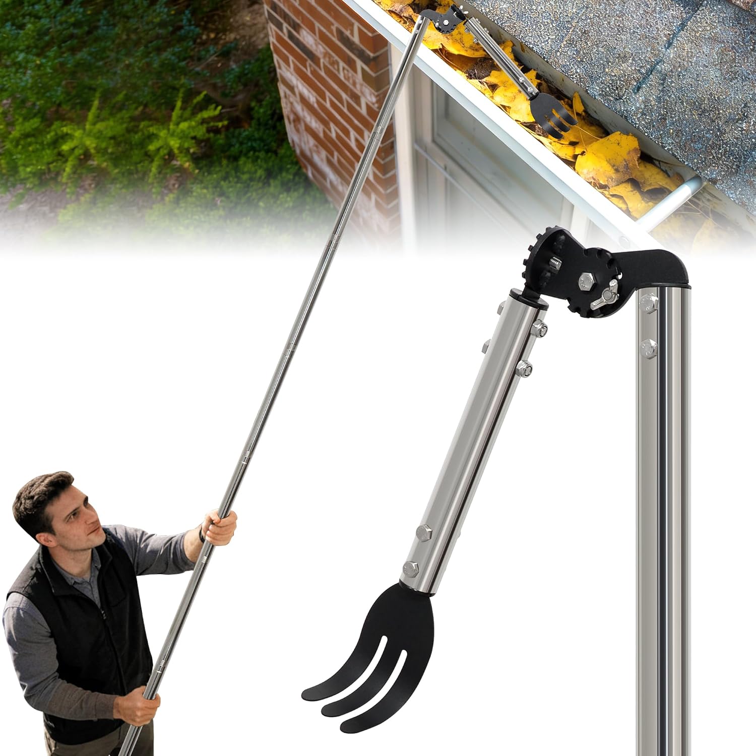12FT Gutter Cleaning Tools from the Ground with Dual-Axis Adjustment