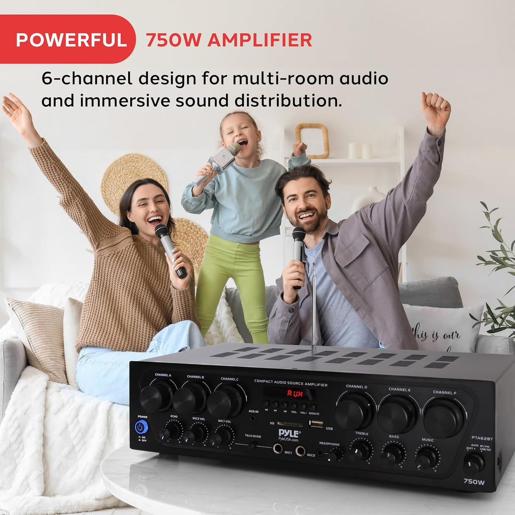 Wireless Bluetooth Karaoke Amplifier - 6 Channel 750W Power, Stereo Receiver Home Audio Amplifier w/USB,AUX