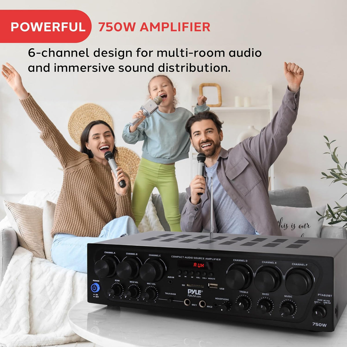 Wireless Bluetooth Karaoke Amplifier - 6 Channel 750W Power, Stereo Receiver Home Audio Amplifier w/USB,AUX