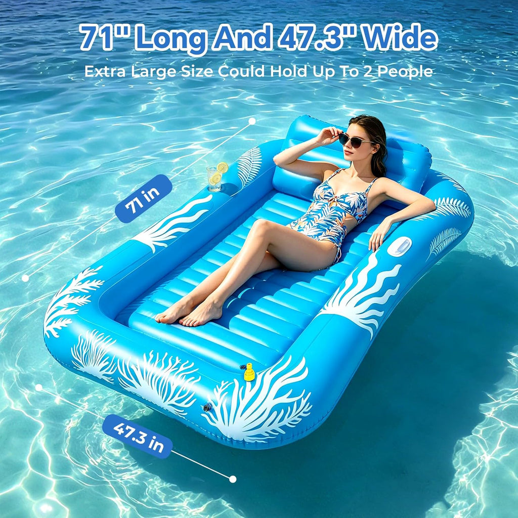 Inflatable Tanning Pool Lounger Float with Sprinkler-6 in 1 Suntan Tub Raft Floatie with Drink Holder Sunbathing