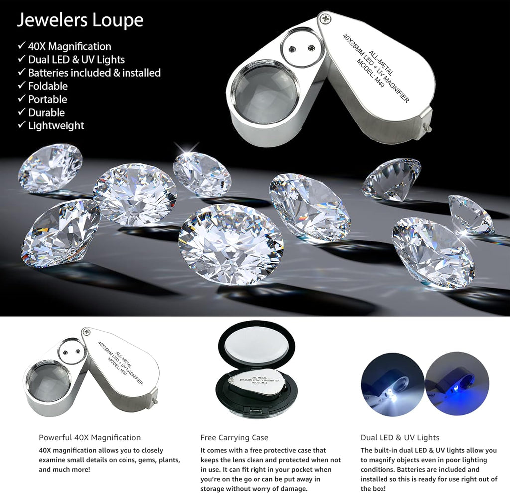 40X Jewelers Loupe with Light, UV Lighted Magnifying Glass Eye Loop, LED Illuminated Metal Pocket Magnifier for